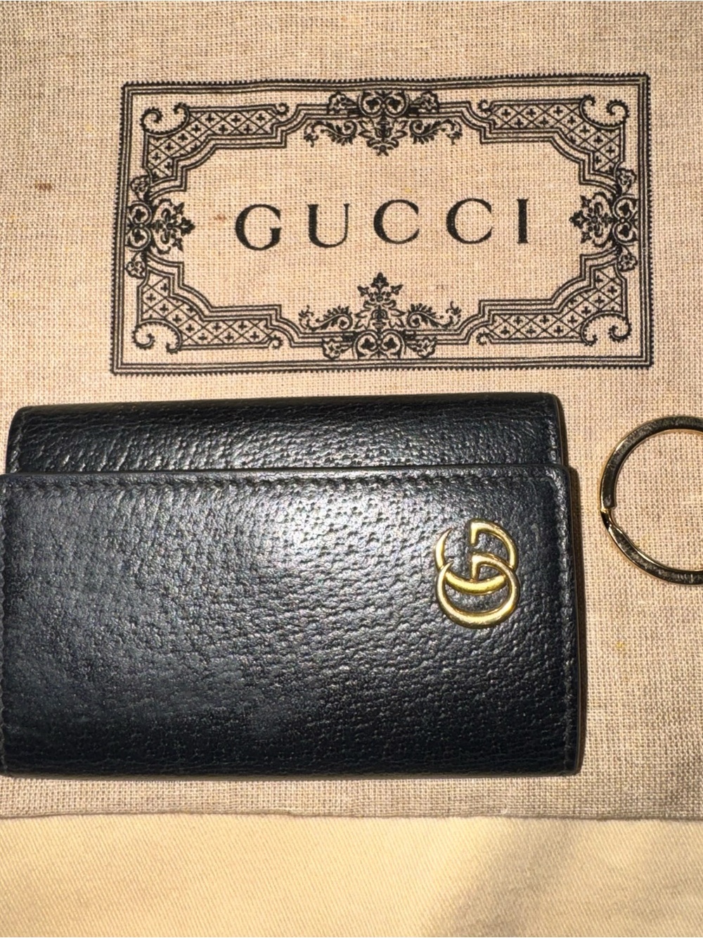 Authentic Gucci Black Leather Key & Card Holder with Gold Double G Accent